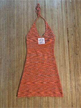 VRG GRL Sz M Orange Red Summery Retro Inspired Halter Top Bodycon Dress - NWT
